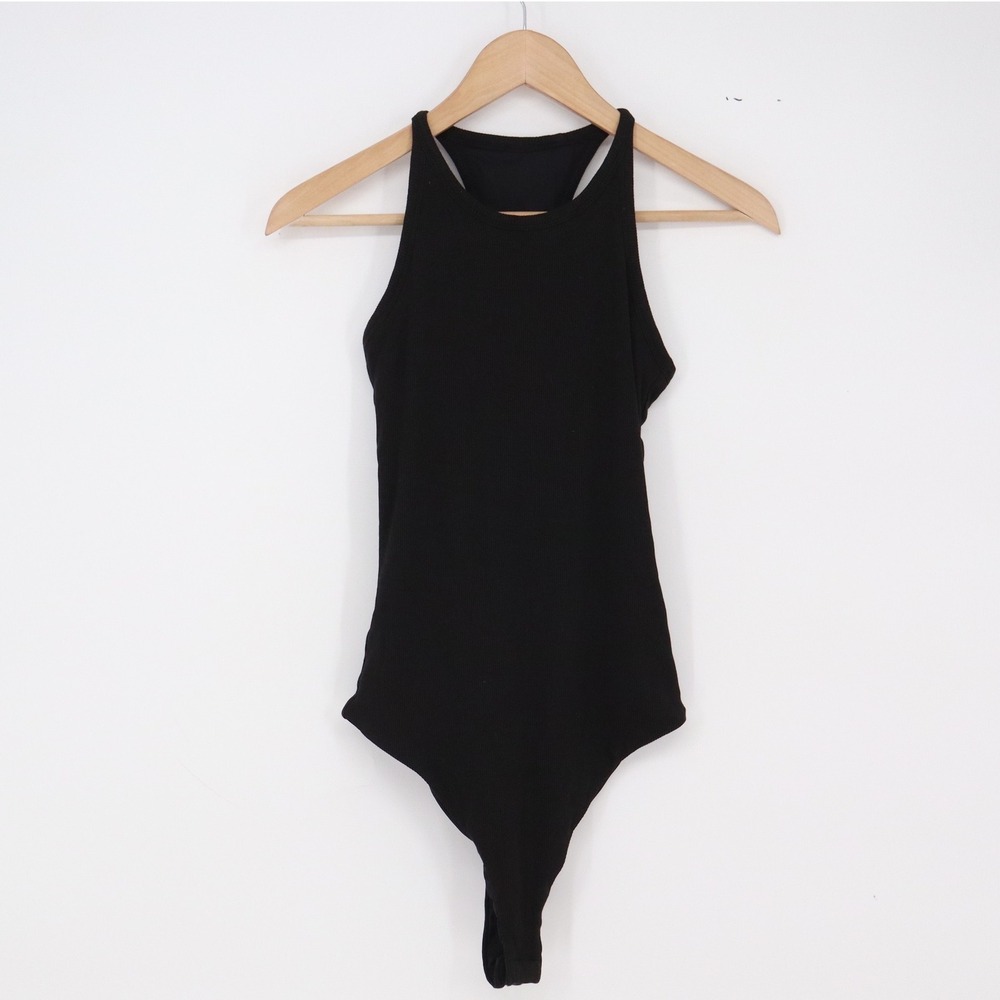 Klassy Network Bodysuit Womens M Racerback Black Ribbed Bamboo Blend Excellent